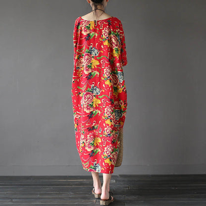 Mythstone Red Peony Flowers Printed Midi Dress Half Sleeve Cotton Linen Dress