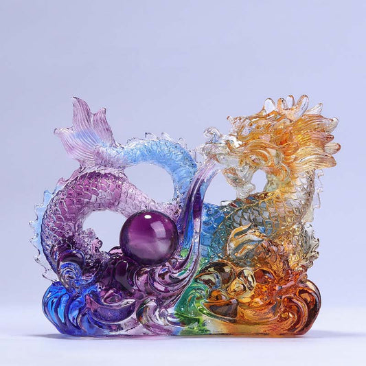 Mythstone Year of the Dragon Handmade Dragon Playing With Pearl Ingot Liuli Crystal Art Piece Protection Home Office Decoration