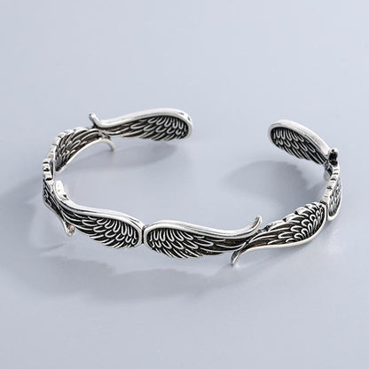 Mythstone Angel Wings Feather Pattern Carved Luck Cuff Bracelet Bangle