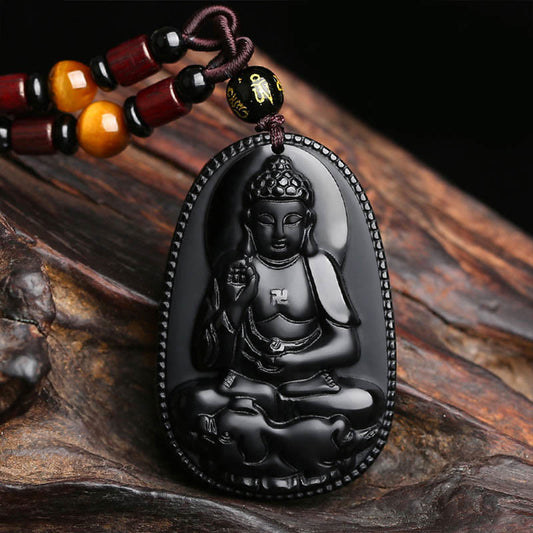 Mythstone Chinese Zodiac Natal Buddha Natural Black Obsidian Purification Necklace Pendant