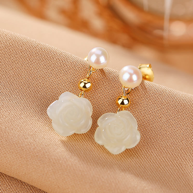 Mythstone 925 Sterling Silver Plated Gold Jade Rose Flower Cyan Jade Pearl Luck Earrings