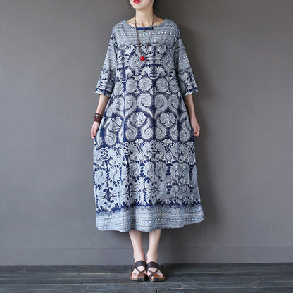 Mythstone Blue White Flower Printed Button Midi Dress Three Quarter Sleeve Cotton Linen Dress With Pockets