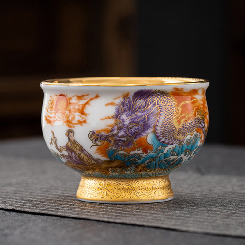 Mythstone Golden Eagle Auspicious Dragon Sun Ocean Waves Gilt Ceramic Teacup Kung Fu Tea Cup