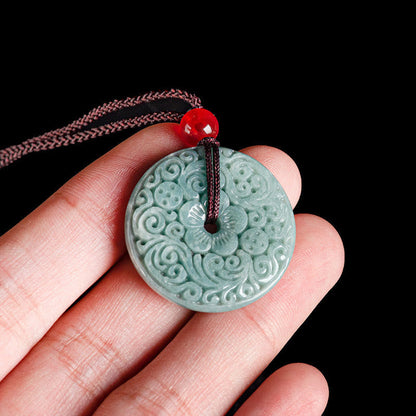 Mythstone Green Jade Flower Carved Peace Buckle Abundance Necklace Pendant