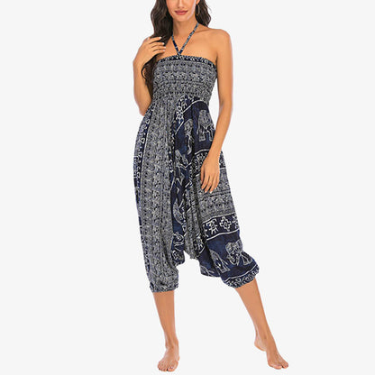 Mythstone Two Style Wear Elephant Pattern Loose Smocked Harem Trousers Jumpsuit Women's Yoga Pants