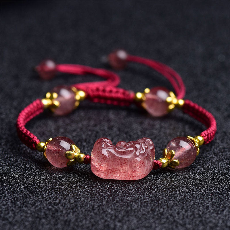 Mythstone Natural Strawberry Crystal Pixiu Charm Lucky Red String Bracelet