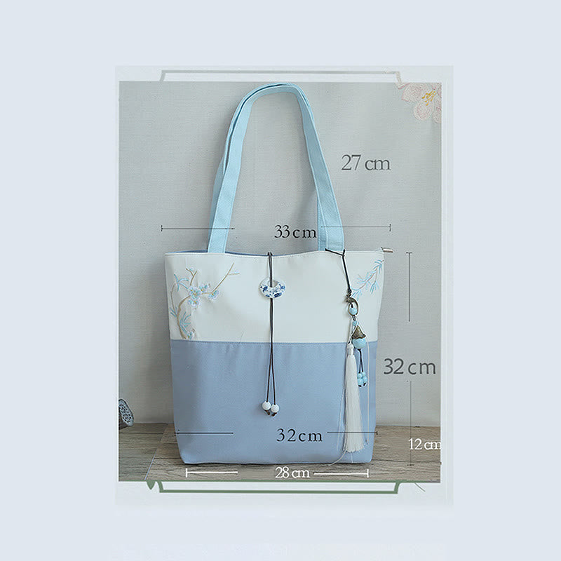 Mythstone Pear Flower Plum Peach Blossom Bamboo Embroidery Canvas Large Capacity Shoulder Bag Tote Bag