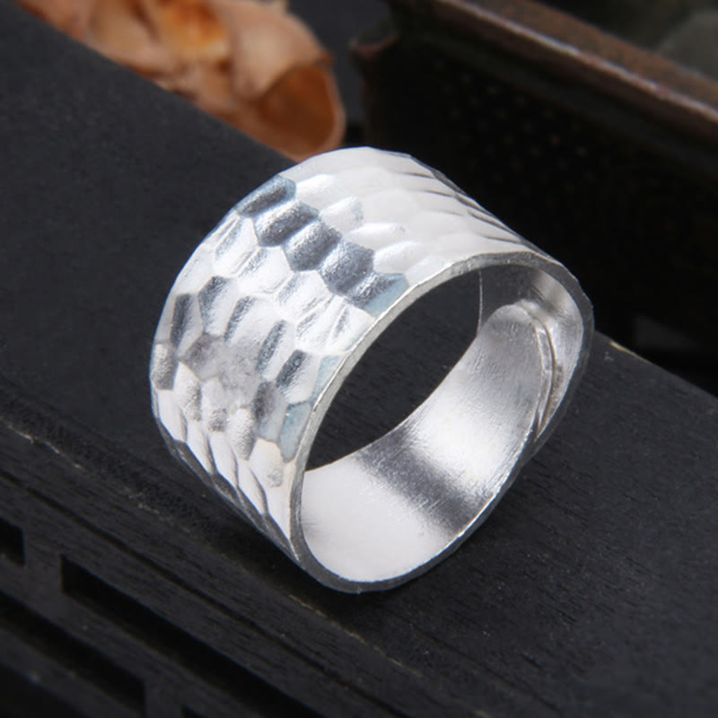 Mythstone Tibetan 990 Sterling Silver Handmade Rustic Hammered Pattern Ring