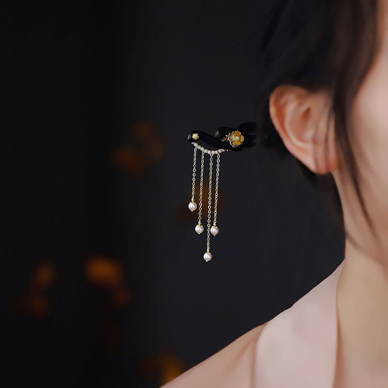 Mythstone Ebony Wood Yellow Flower Pearl Tassels Hairpin