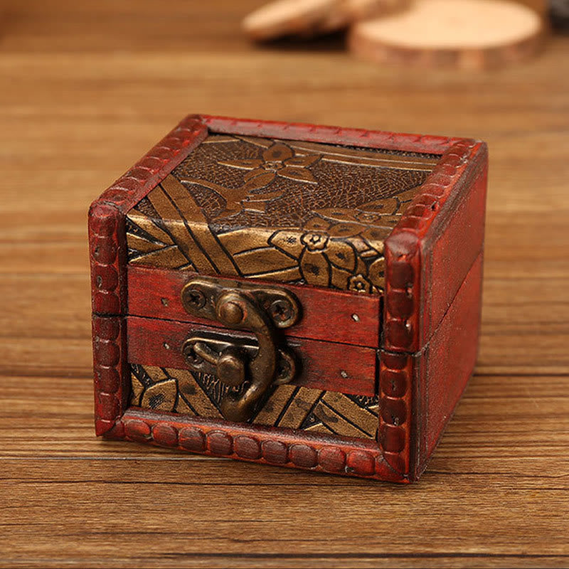 Mythstone Retro Small Square Wood Jewelry Box Lotus Grass Flower Grape Copper Coin Daffodil Jewelry Storage Box