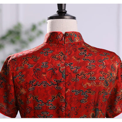 Mythstone Vintage Auspicious Clouds Leaf Print Cheongsam Dress Women's Qipao Dress