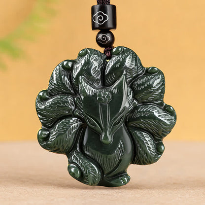 Mythstone Hetian Cyan Jade Nine Tailed Fox Luck Necklace String Pendant