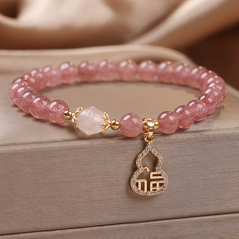 MythStone Strawberry Quartz Gourd Fu Character Charm Positive Bracelet