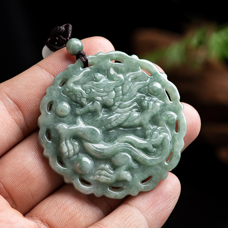 Mythstone Chinese Zodiac Dragon Phoenix Round Jade Luck Necklace String Pendant