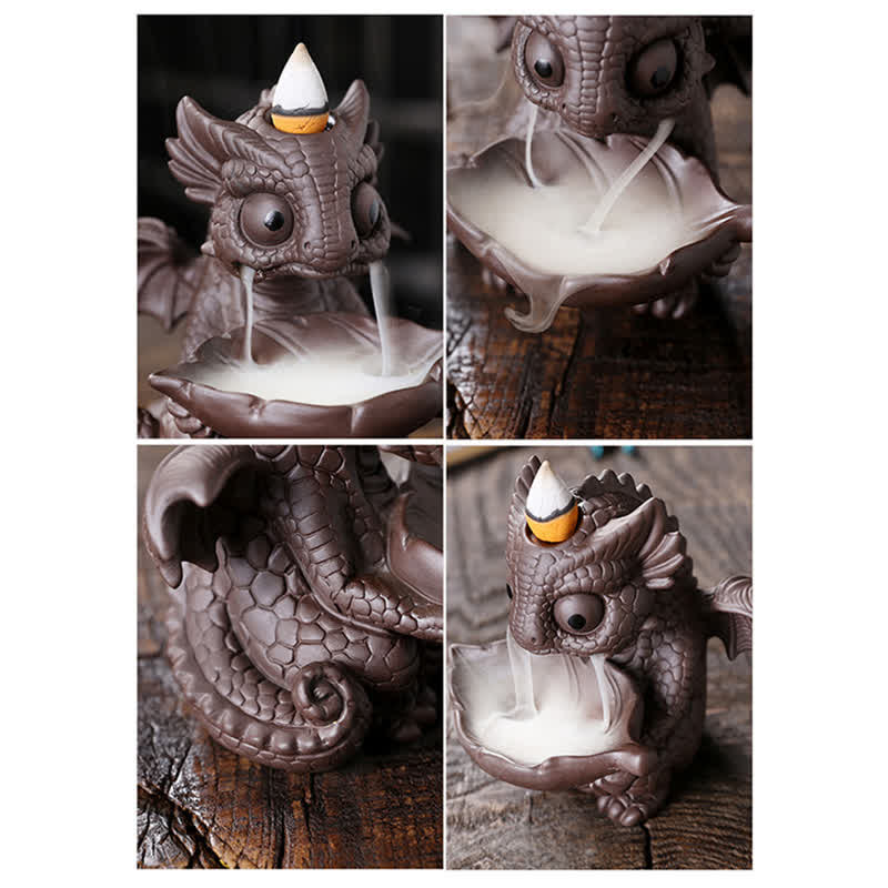 Mythstone Lovely Dinosaur Purple Clay Backflow Smoke Fountain Healing Incense Burner Decoration