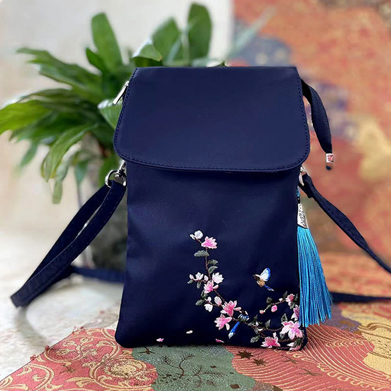 Mythstone Waterproof Handmade Embroidered Lotus Flowers Crossbody Bag Shoulder Bag Cellphone Bag