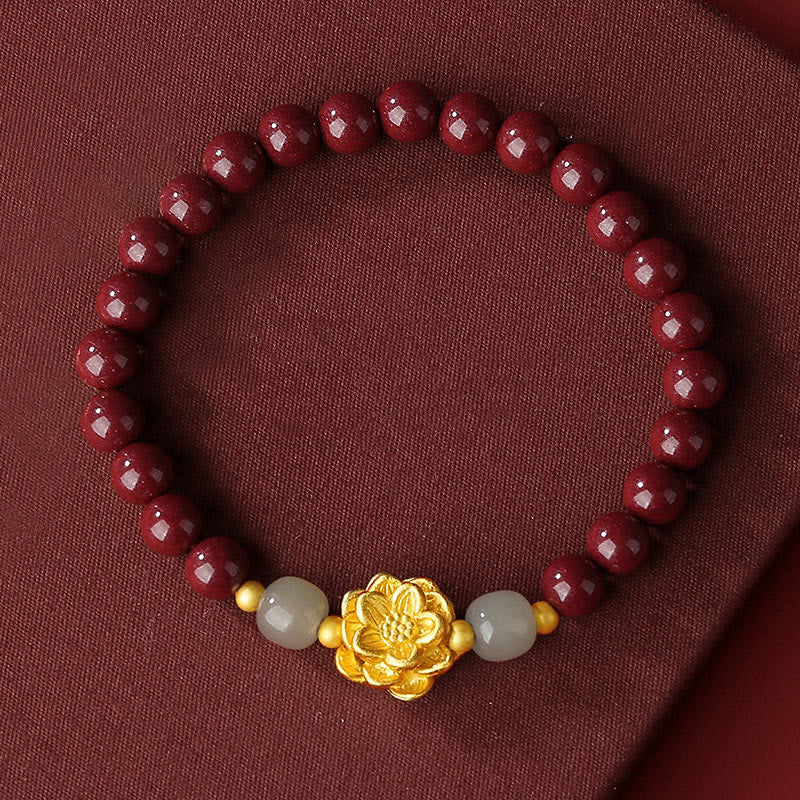 Mythstone 999 Sterling Silver Lotus Cinnabar Hetian Jade Blessing Bracelet