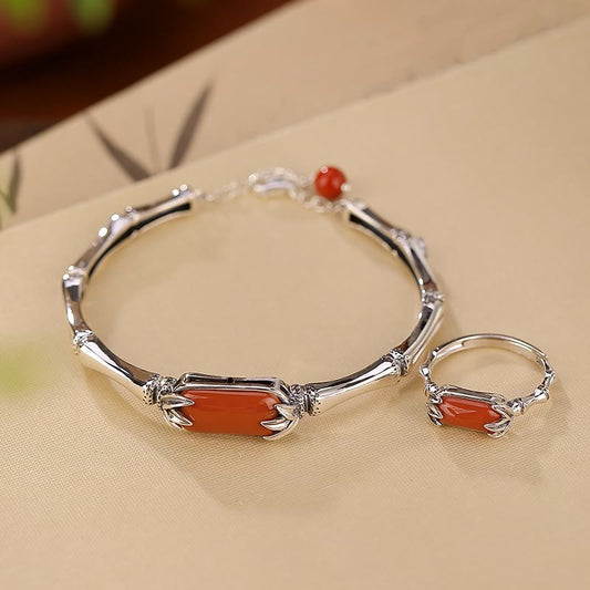 Mythstone 925 Sterling Silver Red Agate Bamboo Pattern Calm Bracelet Ring Jewelry Set