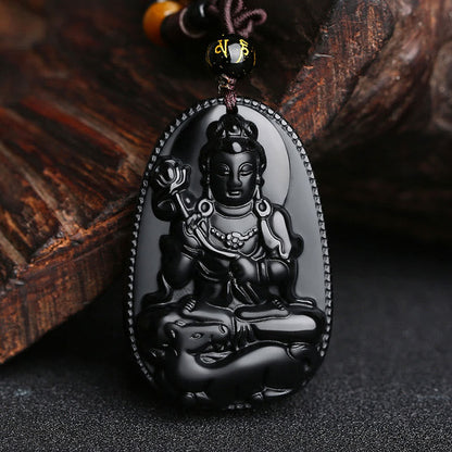 Colgante de obsidiana negra natural con diseño de Buda natal del zodíaco chino Mythstone