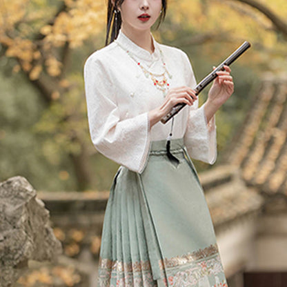 Falda con estampado de cara de caballo y jardín de melocotón verde Hanfu chino Mythstone Mamianqun