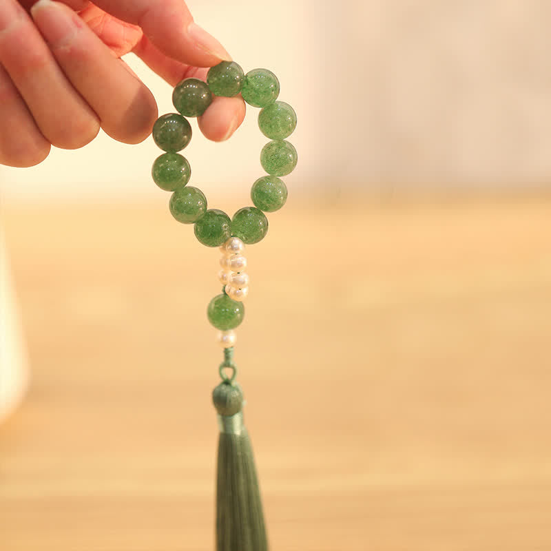 Mythstone Green Strawberry Quartz Pearl Soothing Wrist Mala