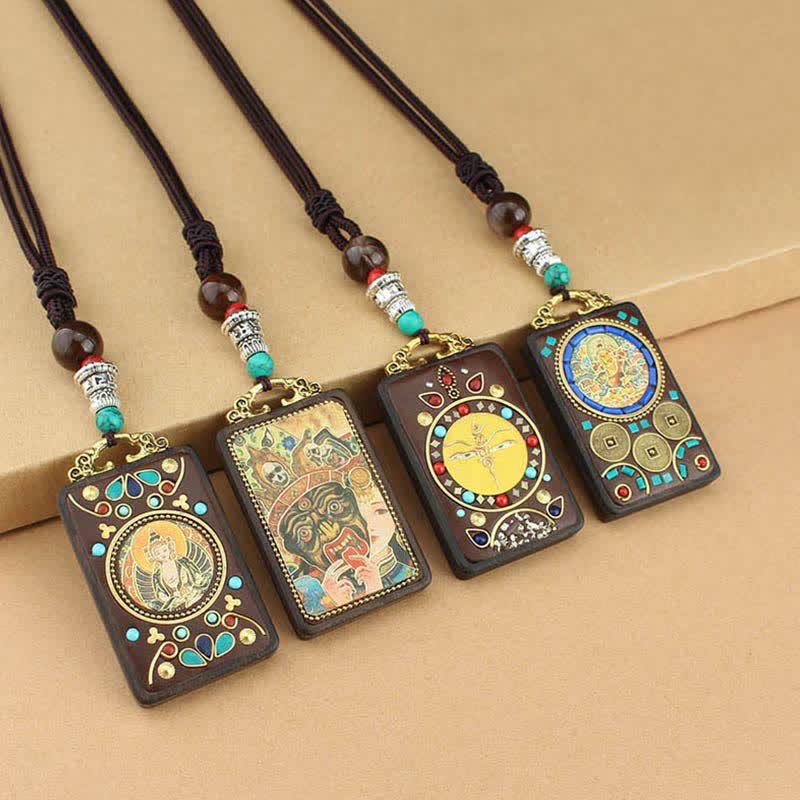 Colgante de collar de ébano con la paz y el dios de la riqueza del Thangka del Tíbet de Mythstone 