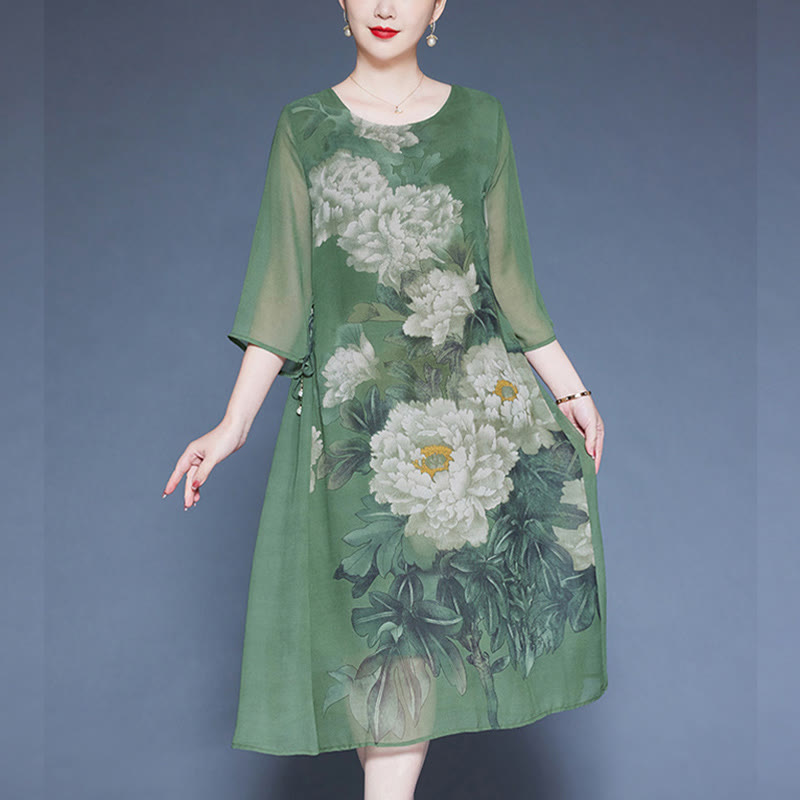 Mythstone Peony Flowers Print Three Quarter Sleeve Midi Dress