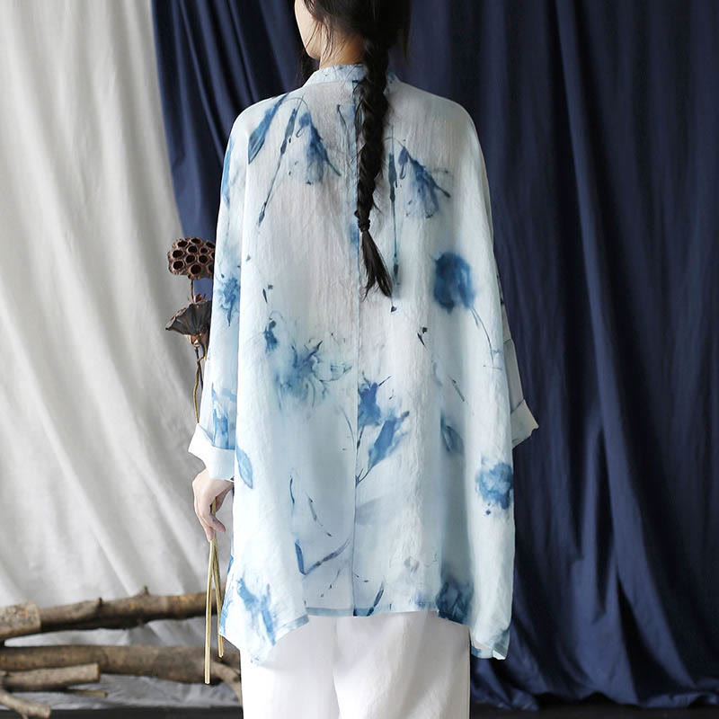 Mythstone Blue White Ink Printing Frog-button Design Long Sleeve Ramie Linen Jacket Shirt With Pockets