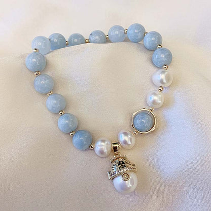 Mythstone Aquamarine Pearl Peace Healing Lucky Cat Charm Bracelet