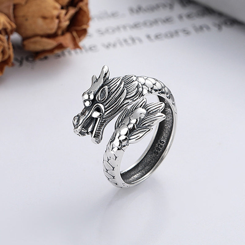 Mythstone 925 Sterling Silver Year Of The Dragon Luck Strength Adjustable Metal Ring