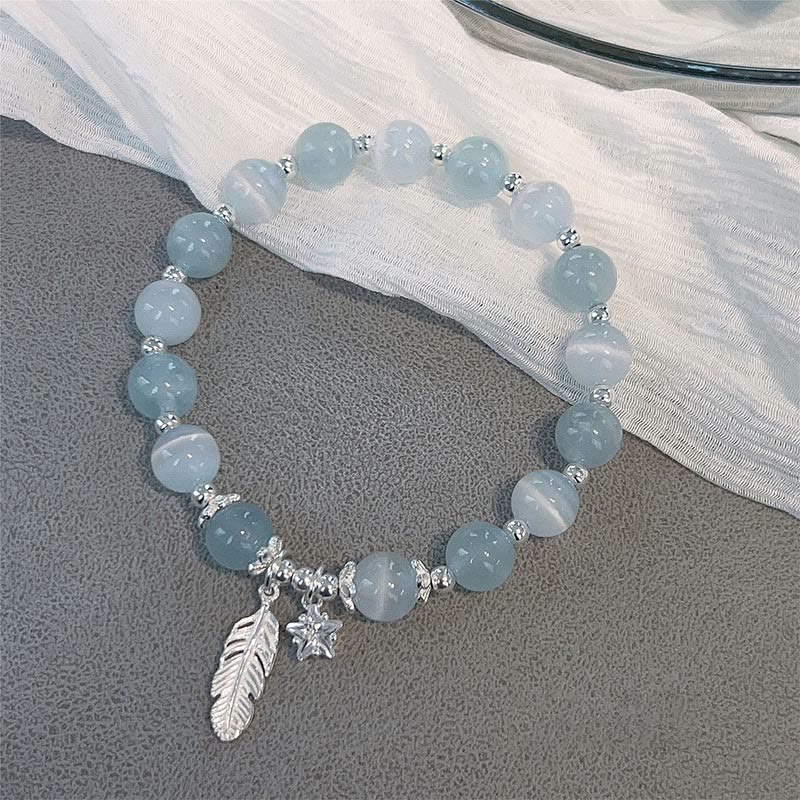 Mythstone 925 Sterling Silver Aquamarine Cat's Eye Healing Feather Star Charm Bracelet