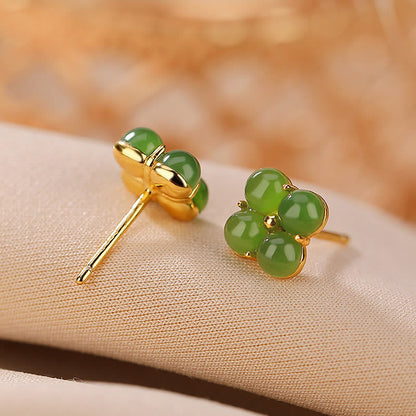 Mythstone 925 Sterling Silver Plated Gold Natural Cyan Jade Four Leaf Clover Luck Stud Earrings