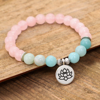 Mythstone Natural Pink Crystal Amazonite Lotus Buddha OM Symbol Warmth Bracelet