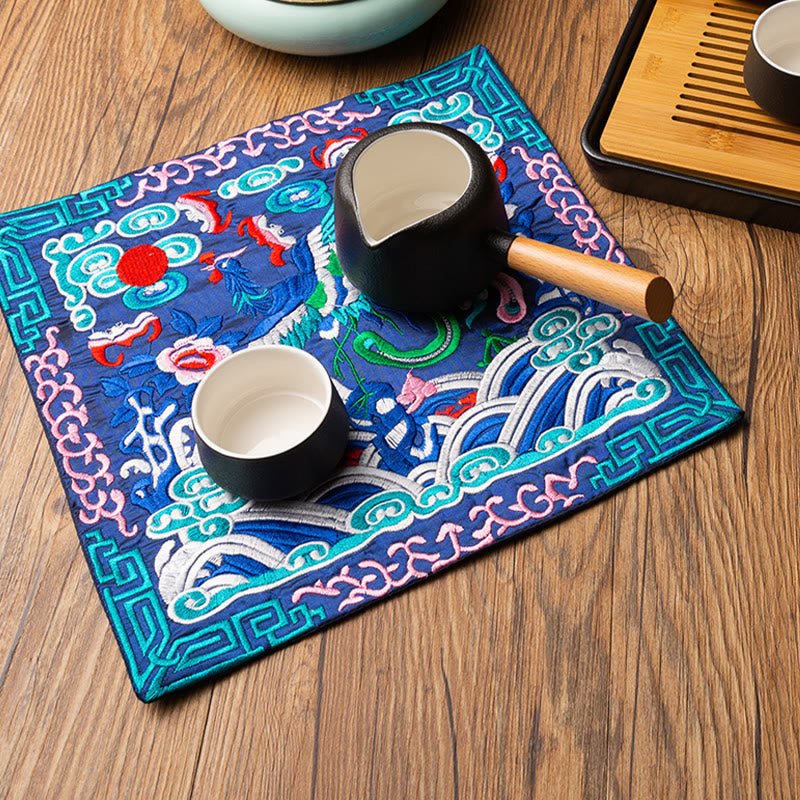 Mythstone Phoenix Dragon Kirin Embroidery Cup Mat Pad Tea Cup Coaster Kung Fu Tea Mat