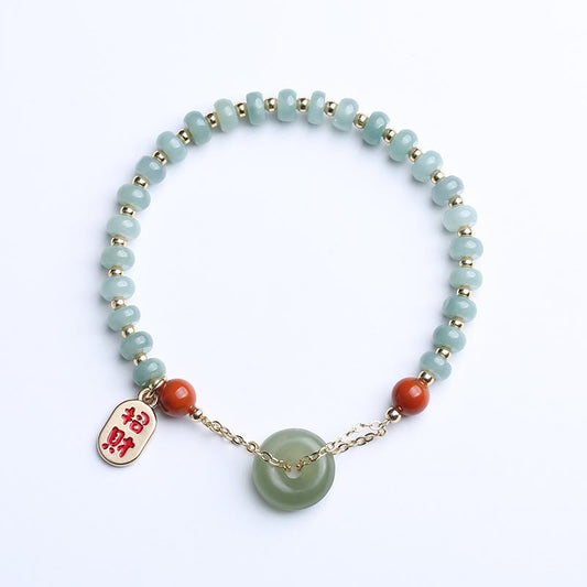 Mythstone Natural Hetian Jade Red Agate Peace Buckle Lucky Fortune Bracelet