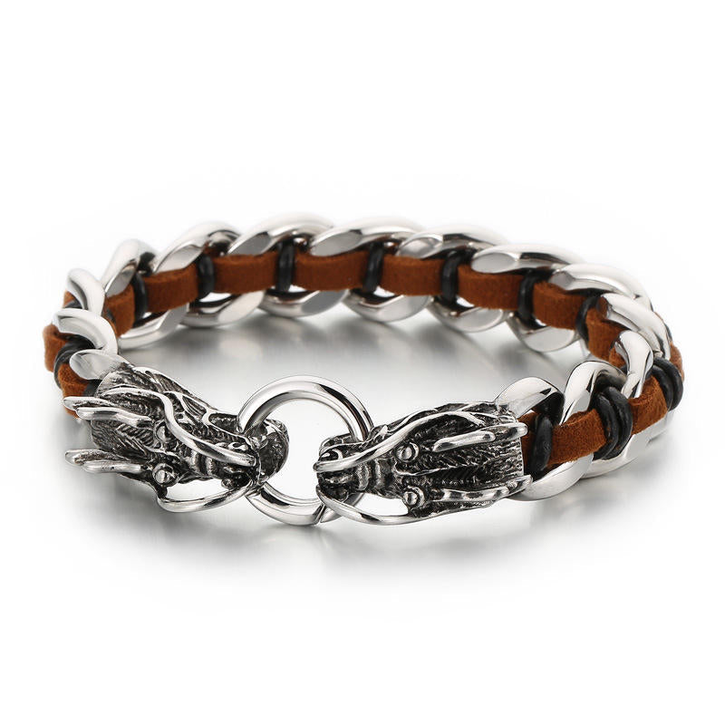 Mythstone Dragon Leather Titanium Steel Protection Luck Braided Bracelet