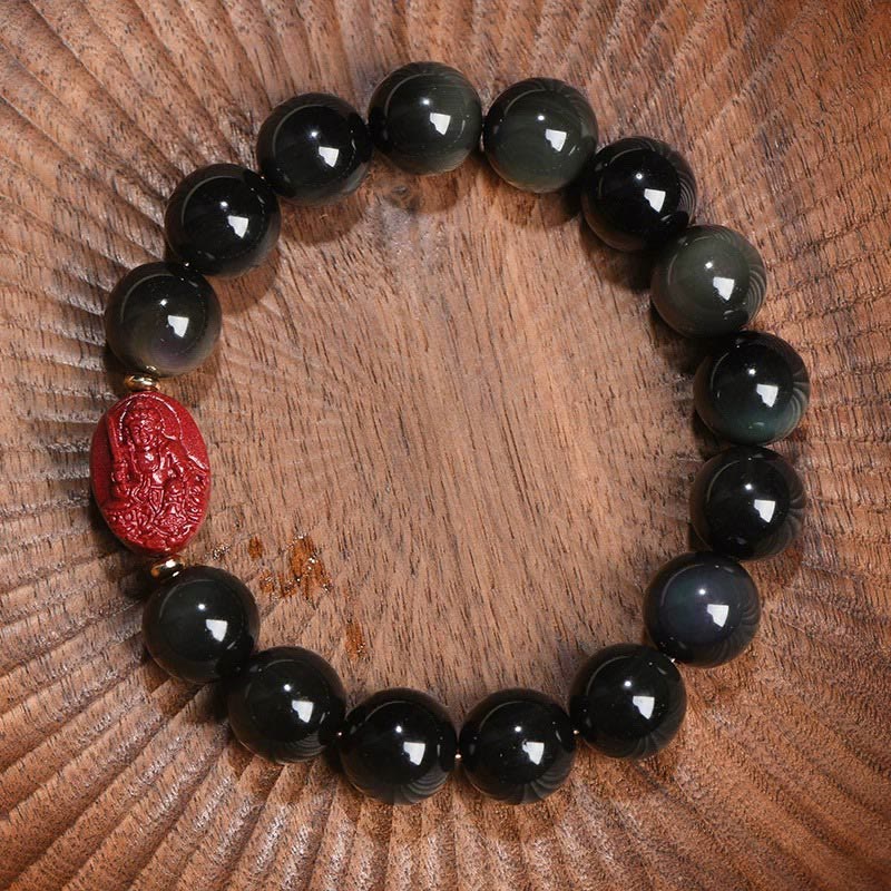 Mythstone Chinese Zodiac Natal Buddha Natural Black Obsidian Cinnabar Purification Bracelet