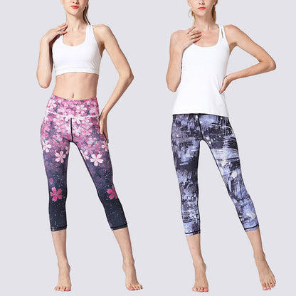 Mythstone Cherry Blossoms Sakura Lines Print Sports Yoga Cropped Leggings Women's Yoga Capri Pants