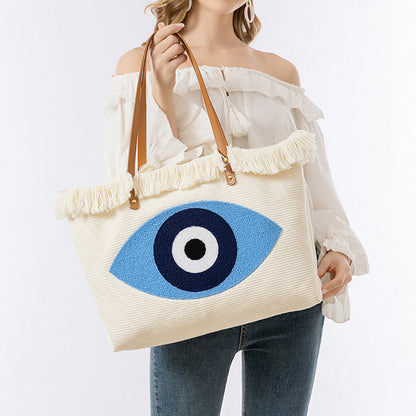 Mythstone Large Capacity Evil Eye Leaf Hamsa Tassel Canvas Tote Shoulder Bag