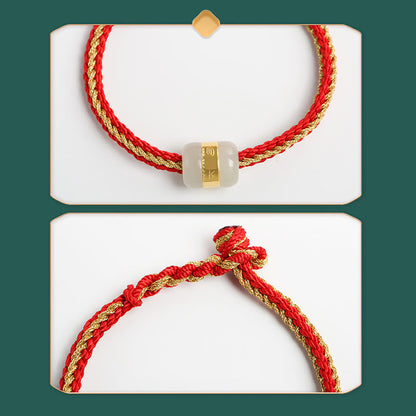 Mythstone 999 Gold Hetian White Jade Om Mani Padme Hum Fu Character Luck Braided Bracelet