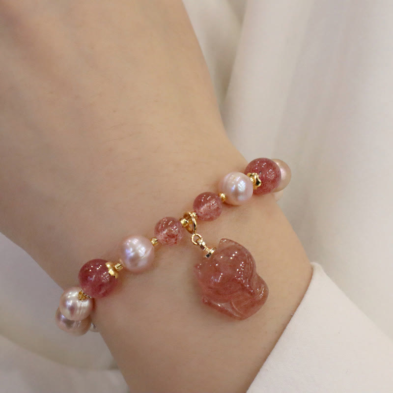 Mythstone Natural Pearl Strawberry Quartz Cute Fox Love Healing Charm Bracelet