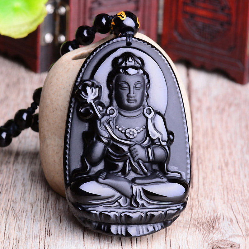 Mythstone Chinese Zodiac Obsidian Buddha Amulet Protection Pendant Necklace