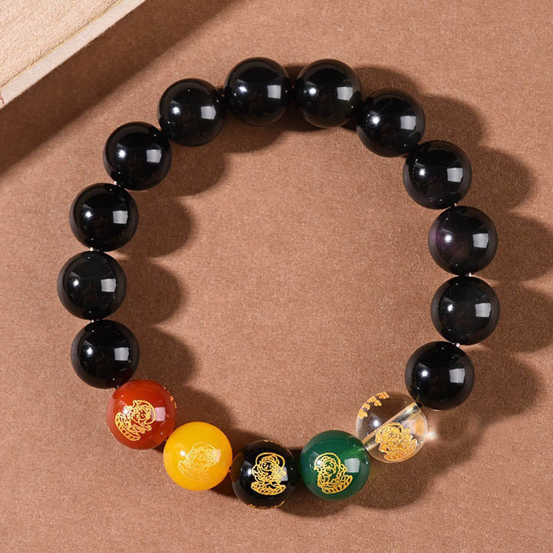 Mythstone Gold Sheen Obsidian Rainbow Obsidian Black Obsidian Five Directions Gods of Wealth Bracelet