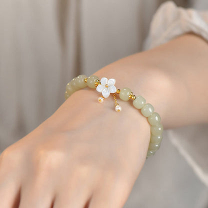 Mythstone 925 Sterling Silver Natural Hetian Jade Luck Flower Bracelet