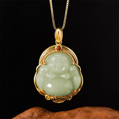 Mythstone 925 Sterling Silver Laughing Buddha Natural Hetian Jade Luck Prosperity Necklace Pendant