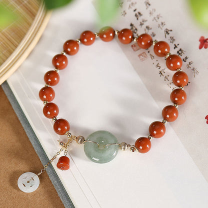 Mythstone 14k Gold Filled Jade Red Agate Peace Buckle Copper Coin Gourd Confidence Bracelet