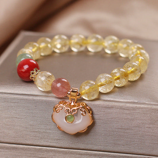 Mythstone Natural Citrine White Jade Strawberry Quartz Protection Charm Bracelet