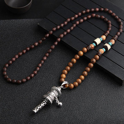 Mythstone Turquoise Dzi Bead Prayer Wheel Wenge Wood Meditation Necklace