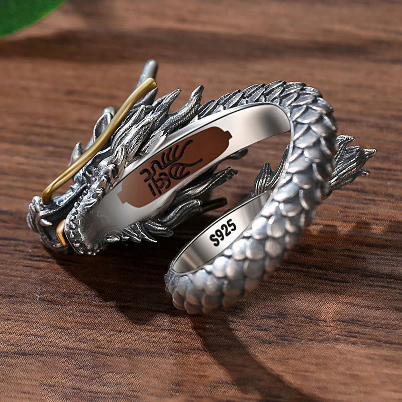 Mythstone 925 Sterling Silver Vintage Dragon Design Protection Strength Adjustable Ring