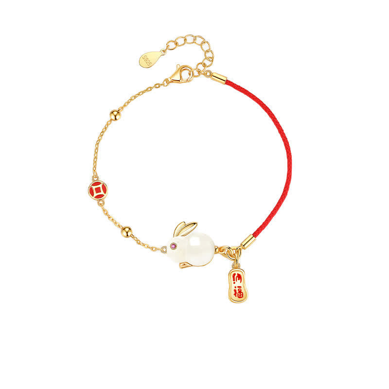 Mythstone Year of the Rabbit White Jade Happiness Red String Chain Bracelet